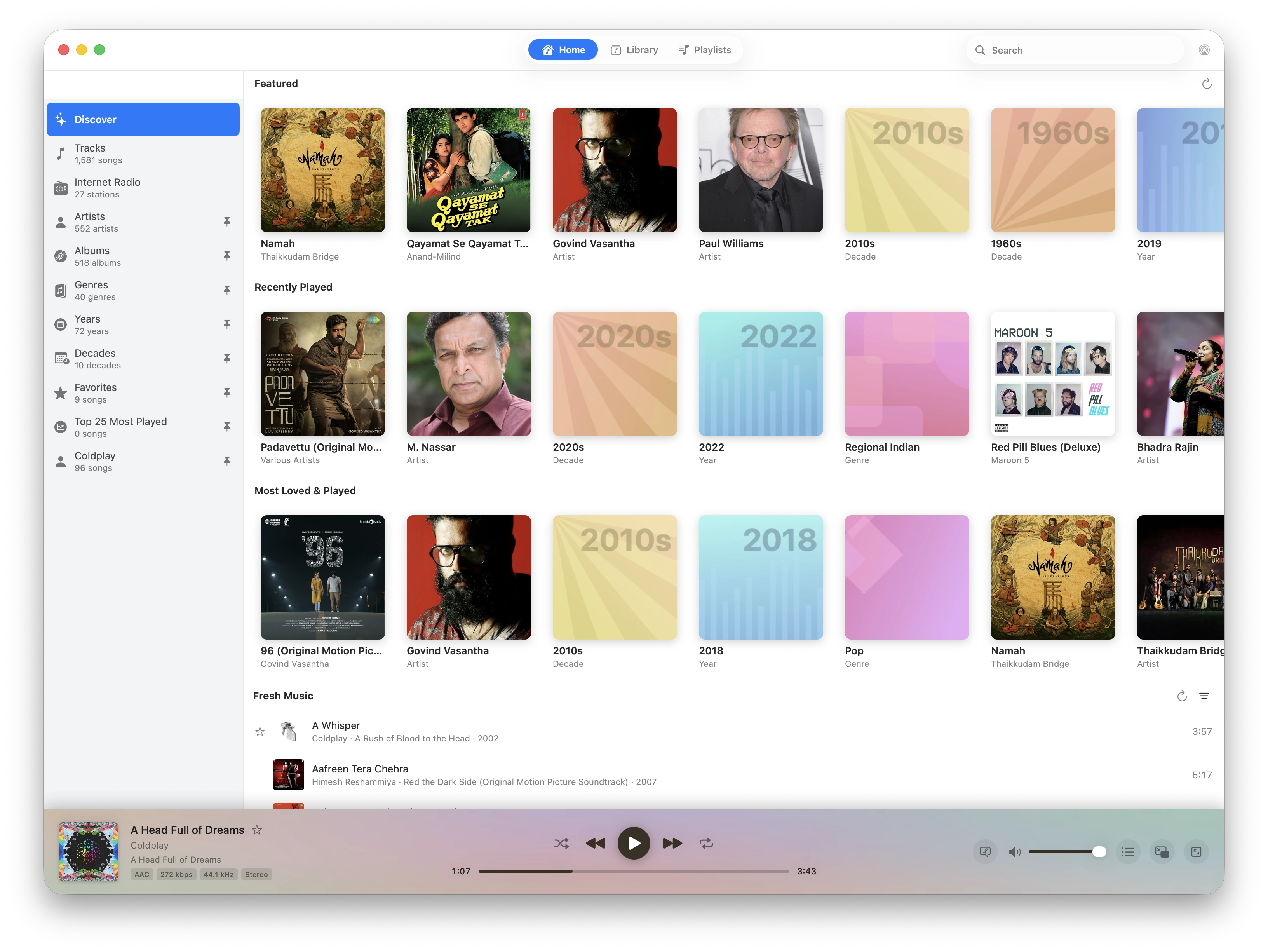 Petrichor Discover view with Featured, Recently Played, and Most Loved and Played carousels
