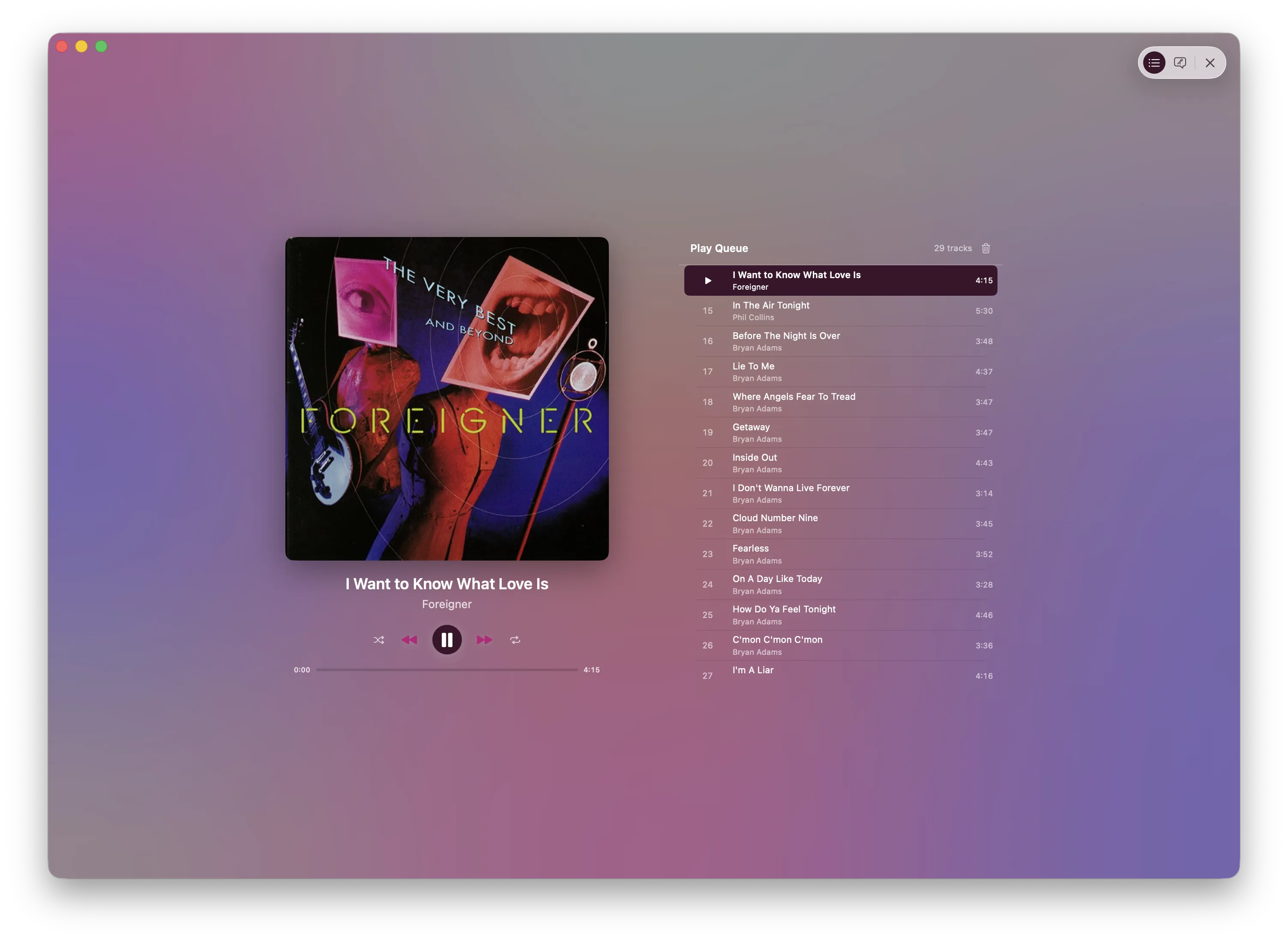 Petrichor immersive mode with artwork, queue, and lyrics