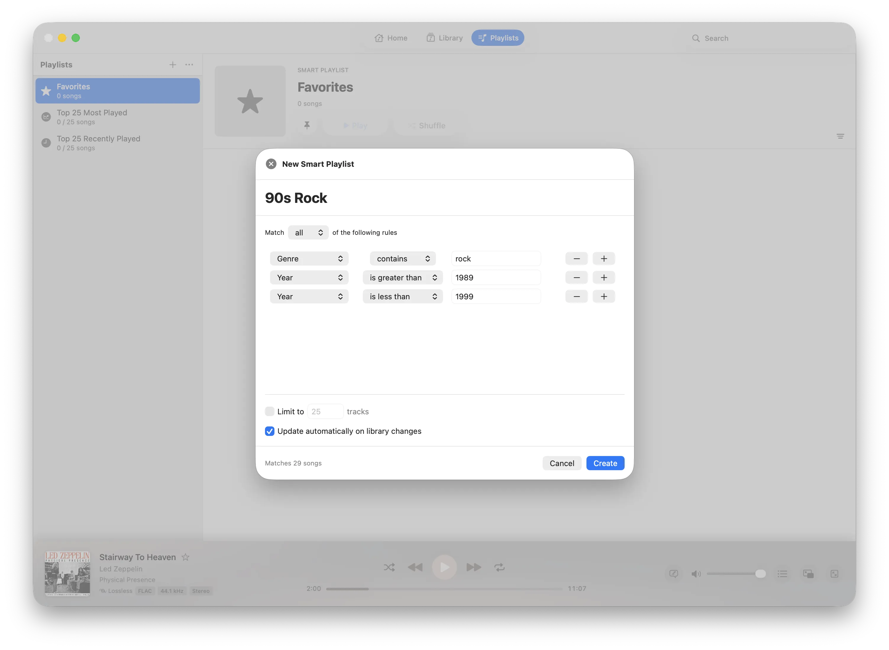 Petrichor smart playlist rule editor